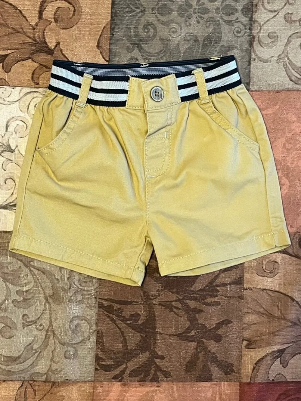 Little Lad Baby Boy Casual Outfit 6/9 Months Tan Shorts Hat Green Gingham Shirt